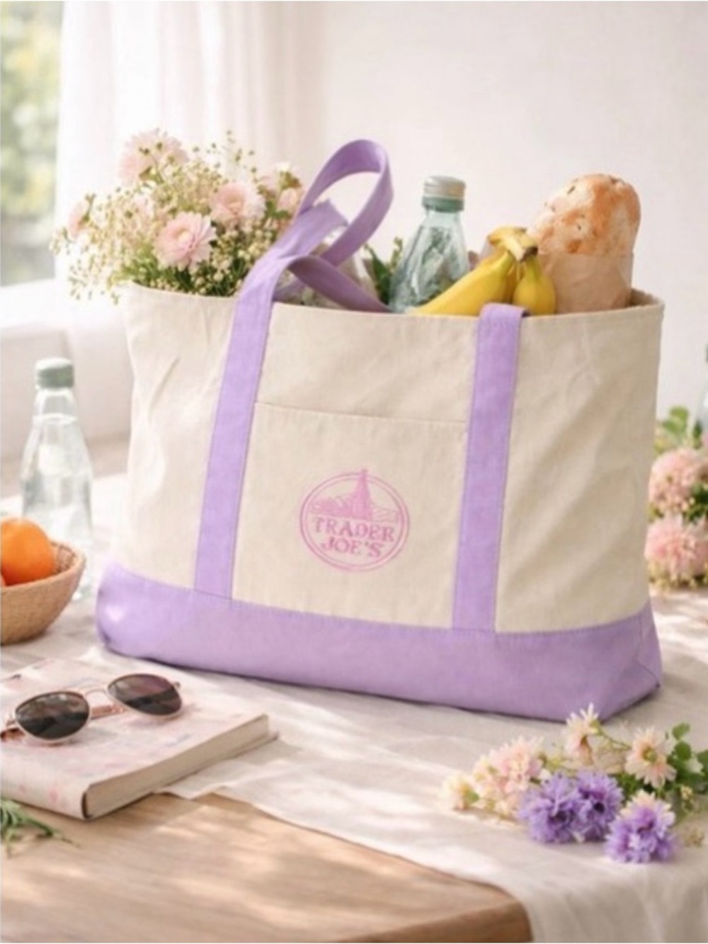 Trader Joe's Canvas Large Tote Bag in Cream and Lavender - Picture 3 of 5